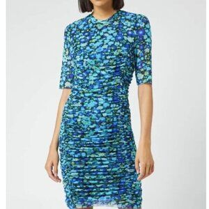 GANNI Floral Mesh Ruched Midi Dress in Azure Blue Sheer Size 4
